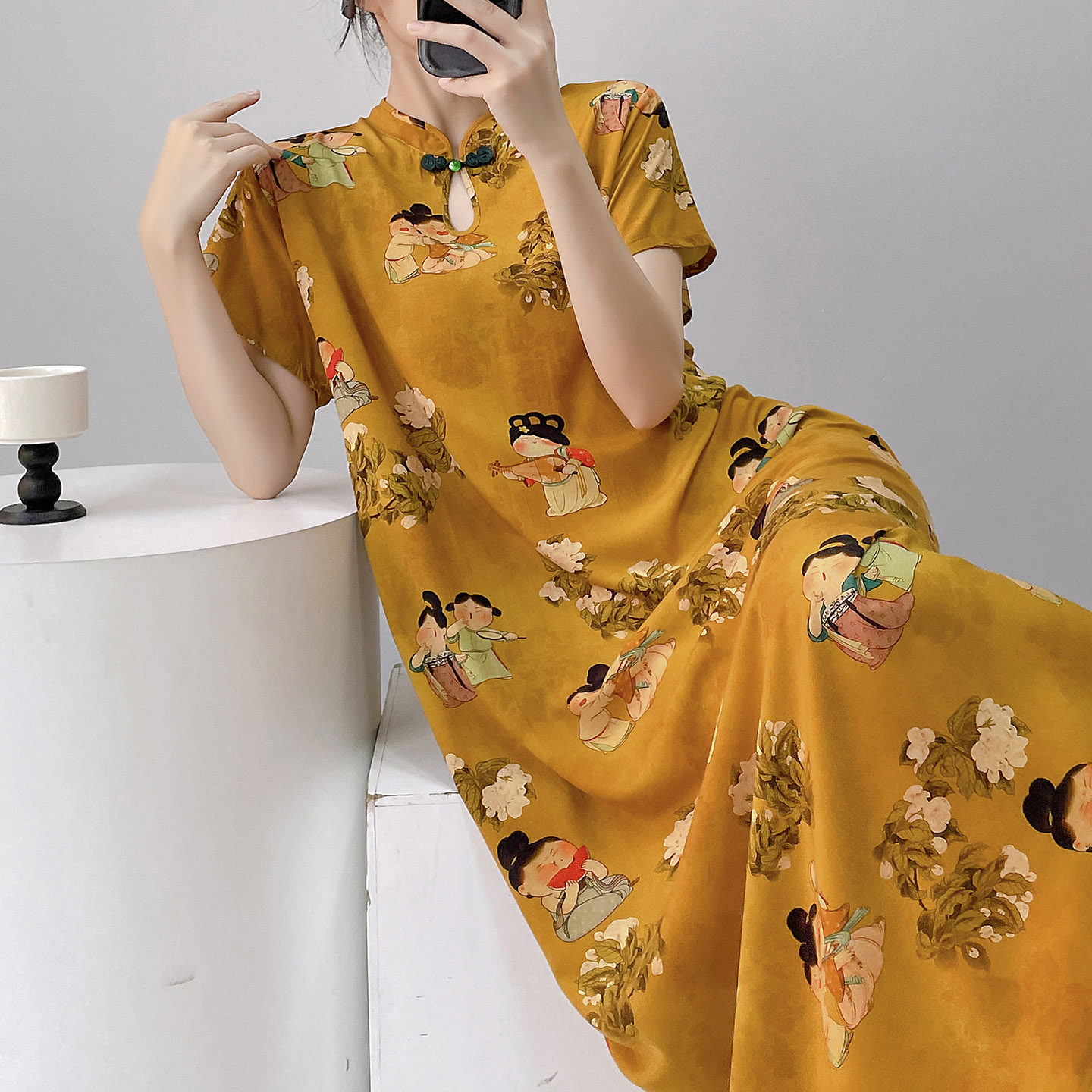 中式立领短袖睡裙女夏季唐风美人改良旗袍长裙可外穿薄款棉绸裙子