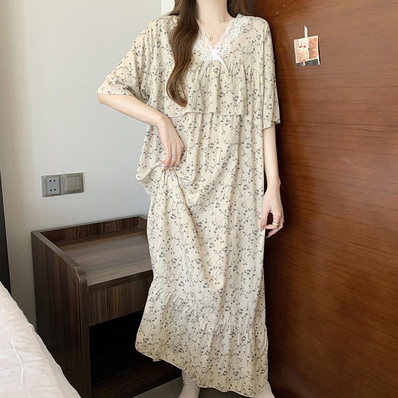 短袖甜美棉绸睡裙女春秋夏季