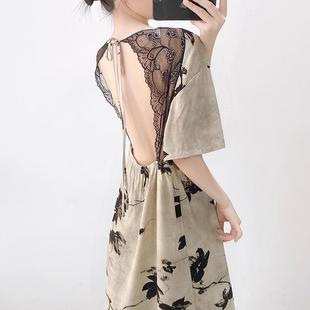 綿綢套裝 2025春夏季 新款 露背蕾絲棉綢睡衣女寬松家居服長袖 性感裙