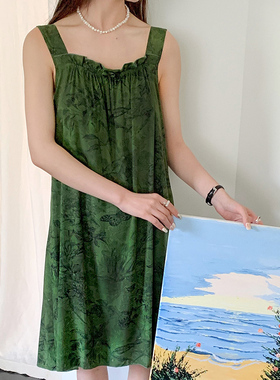 夏季吊带睡裙女高级感棉绸绿色宽松大码绵绸复古新国风家居服气质