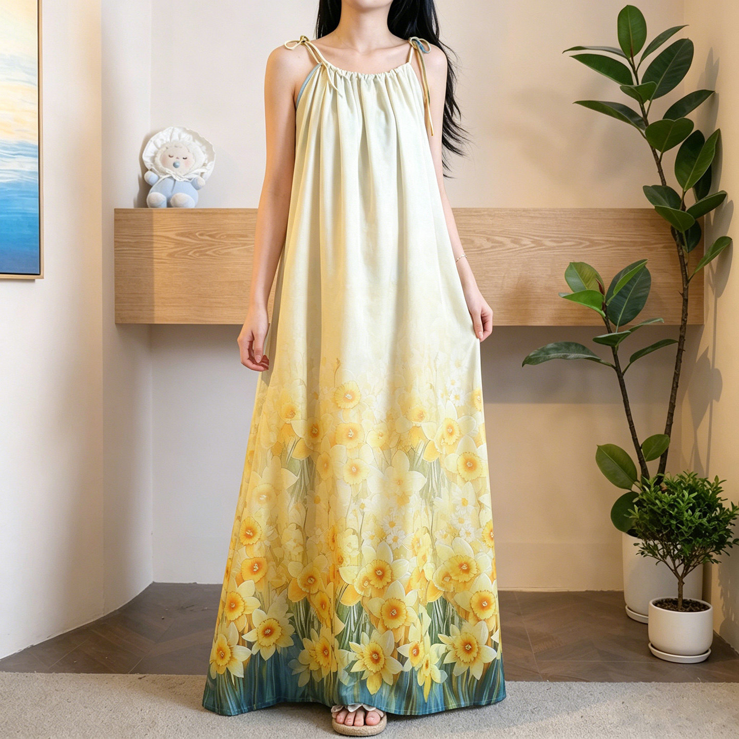 夏季复古风水仙花棉绸睡裙女无袖圆领带胸垫长裙防凸点度假连衣裙