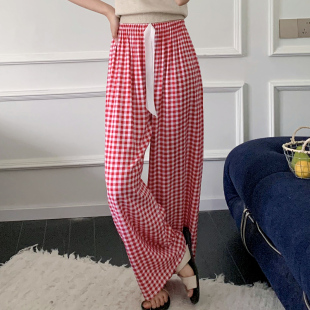 大红格子女人造棉慵懒格纹外穿直筒休闲宽松阔腿裤 棉绸睡裤 夏薄款