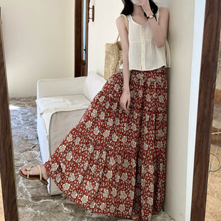 高腰A字半身裙女夏季2026年新款红色飘逸长裙复古棉绸大摆绵绸裙