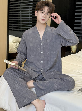 男士棉绸开衫和服睡衣套装春秋