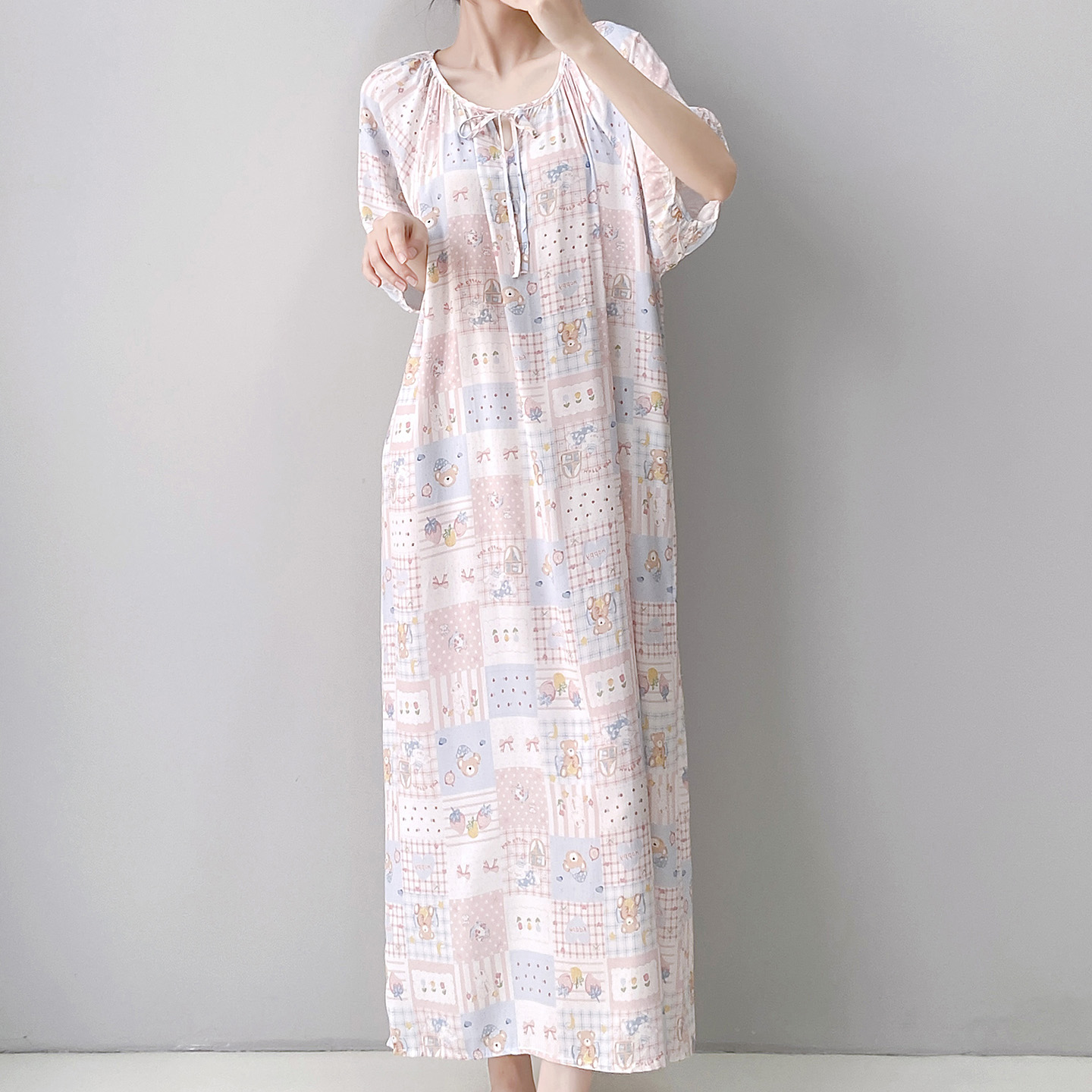 国风卡通棉绸夏季短袖睡裙女少女中长款连衣裙夏天人造棉家居裙子