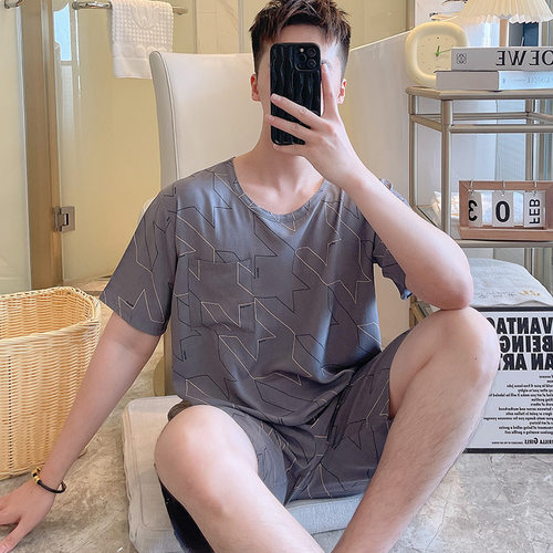 男棉绸可外穿短袖中裤睡衣