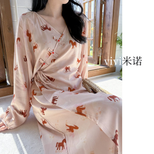 素家居服长款 小马元 睡衣 系带收腰2026新款 改良旗袍绵绸睡裙女长袖