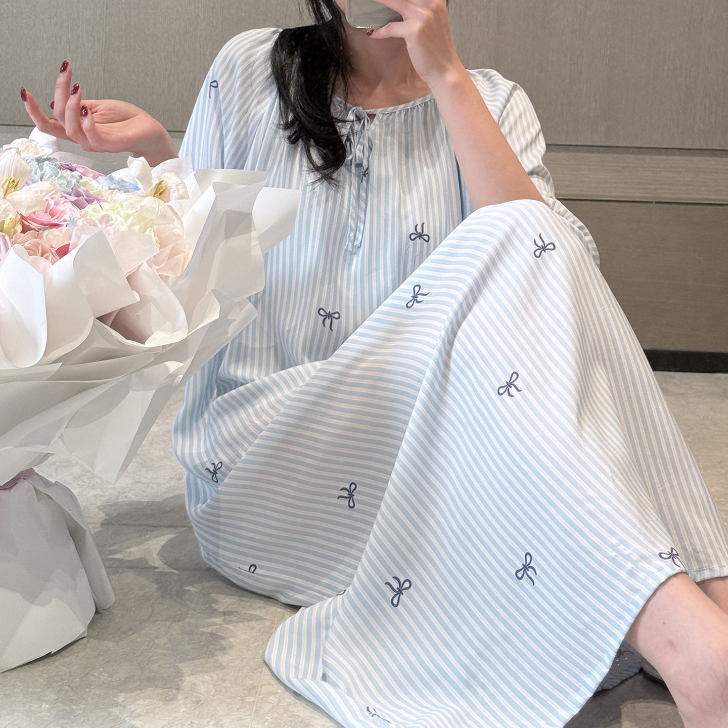 夏季条纹胸垫防凸点睡裙可外穿图片