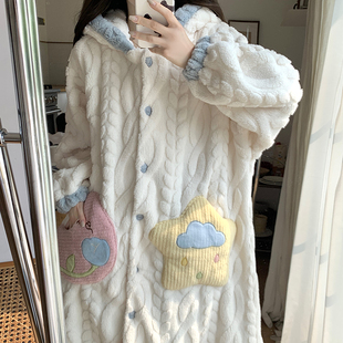 秋冬季 睡袍法兰绒睡袍女秋冬加厚保暖星月口袋连帽毛绒睡衣家居服
