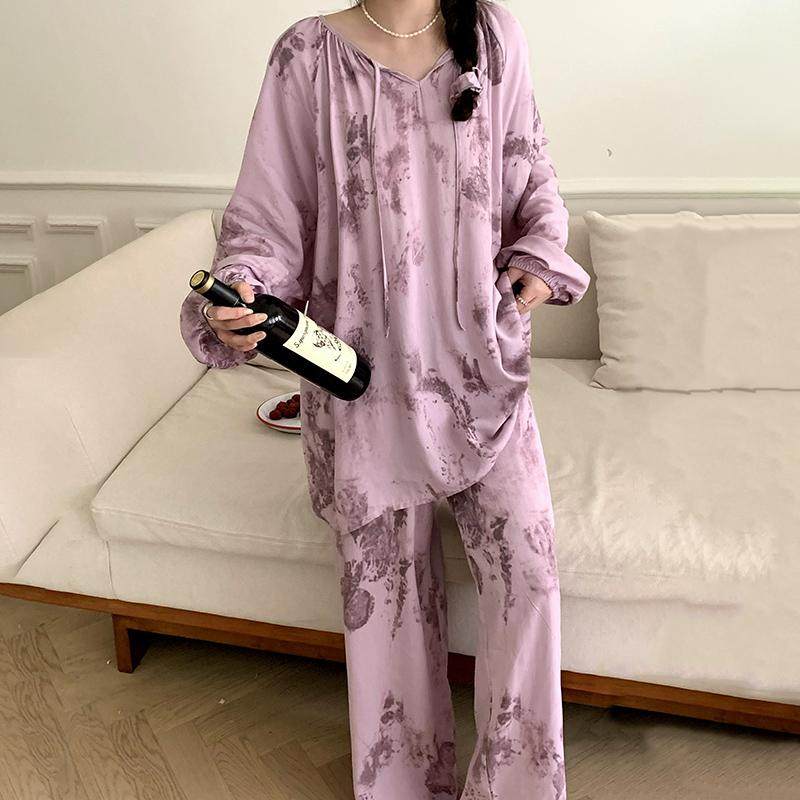 棉绸睡衣女春秋夏季长袖新中式加大码胖MM家居服国风可外穿月子服