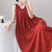 无袖 棉绸睡衣可外穿人造棉度假风长裙波点吊带连衣裙薄 睡裙女夏季