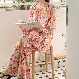 韩风卡通在逃公主可爱绵绸月子服睡衣女春秋棉绸家居服套装 加大码