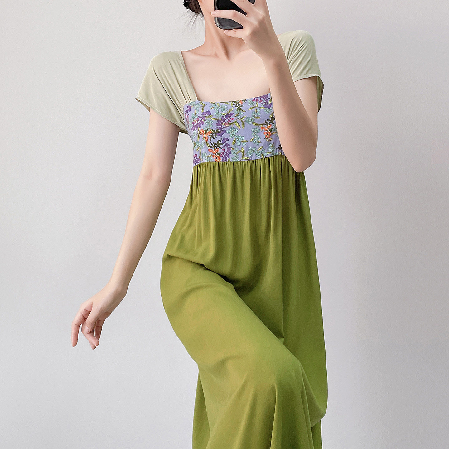 方领短袖国风睡裙女夏季绿色长裙新中式改良汉服绵绸裙家居服薄款