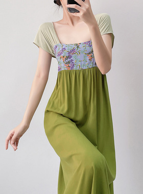方领短袖国风睡裙女夏季绿色长裙新中式改良汉服绵绸裙家居服薄款