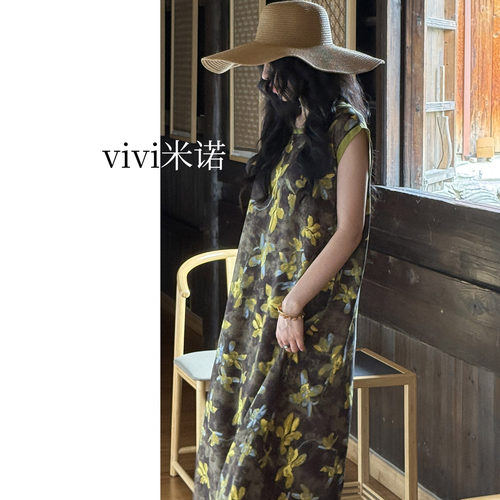 法式复古印花睡裙女夏季棉绸宽松