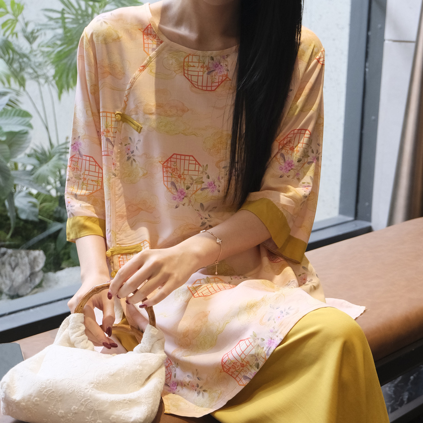 新中式国风棉绸睡衣女春夏中袖阔腿裤可外穿家居服高级感薄款套装