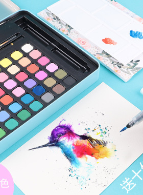 48 色固体水彩颜料套装 铁盒手绘颜料 初学者美术生绘画专用