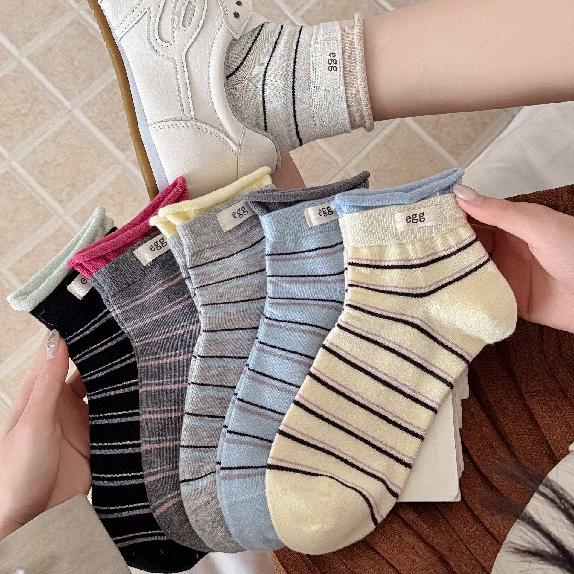 袜子女短袜爆款春卷边条纹日系薄