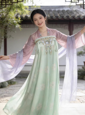唐制齐胸襦裙汉服女小个子刺绣绿色日常清新森系国风元素夏季套装