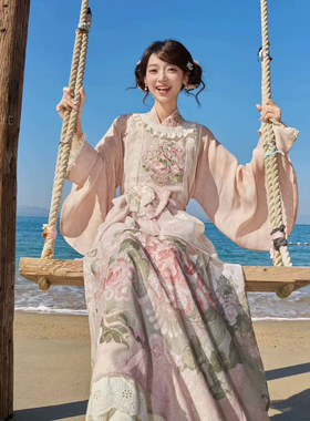 2026春夏新款原创汉服女明制古装粉色交领衫汉洋折衷套装罩裙日常