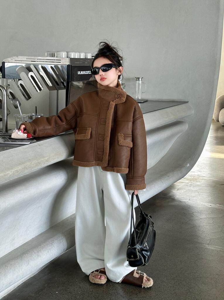 ZHONGDA 여아 봄 가을 겨울 코트 여아 및 아동복 벨벳 및 두꺼운 가죽 자켓 코트 트렌디하고 스타일리시한 8세 및 9세