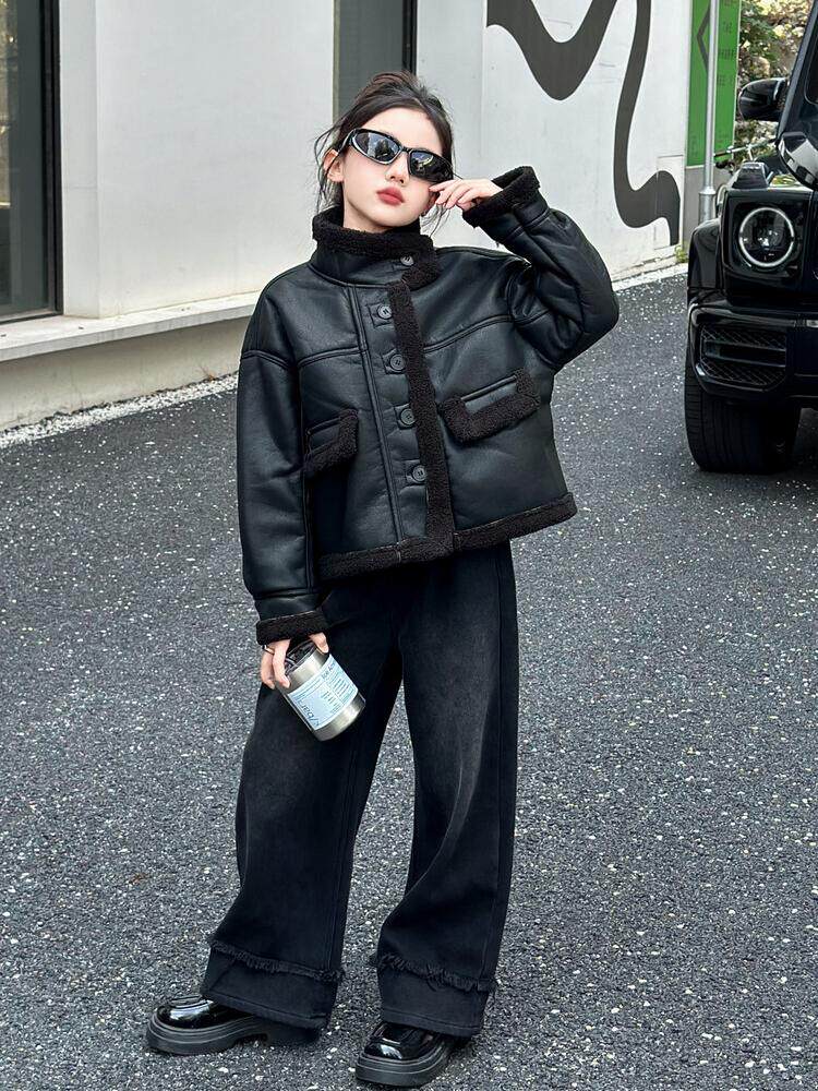 ZHONGDA 여아 봄 가을 겨울 코트 여아 및 아동복 벨벳 및 두꺼운 가죽 자켓 코트 트렌디하고 스타일리시한 8세 및 9세