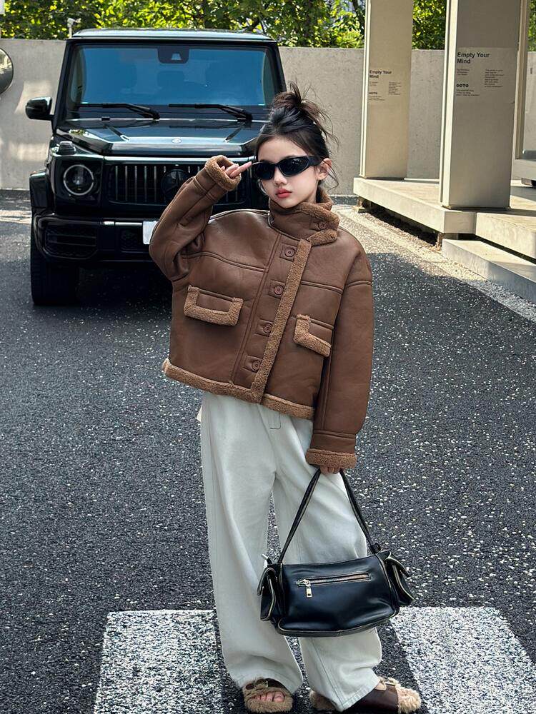 ZHONGDA 여아 봄 가을 겨울 코트 여아 및 아동복 벨벳 및 두꺼운 가죽 자켓 코트 트렌디하고 스타일리시한 8세 및 9세