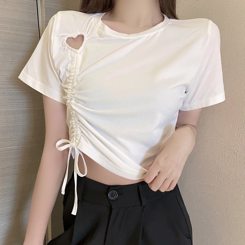 Real price summer Korean drawstring design short love hollow slim short sleeve T-shirt