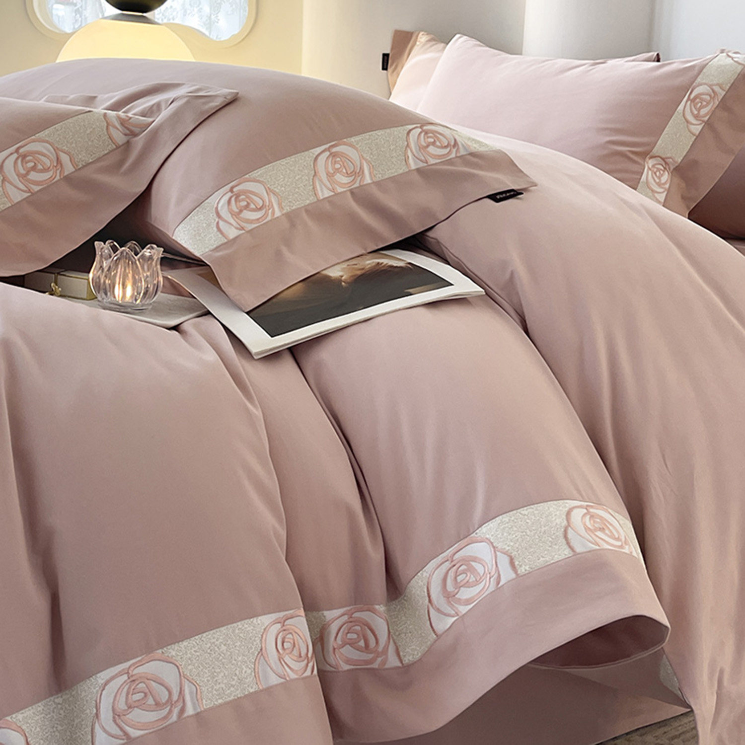 轻奢玫瑰花刺绣全棉四件套纯棉床上用品高档婚庆床品套件磨毛被套,床上用品,婚庆床品套件,淘宝优惠券,粉丝福利购,淘宝优惠卷