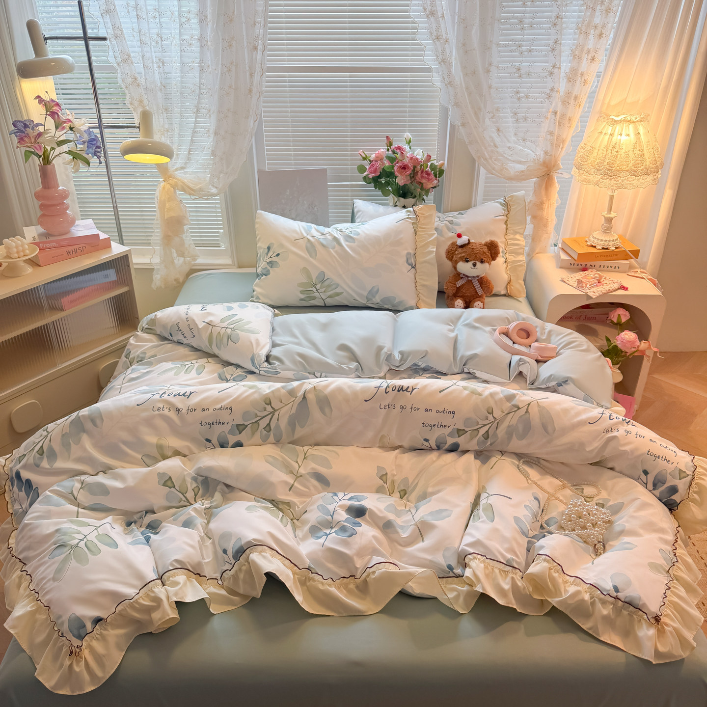 夏季水洗冰丝立体花边3四件套