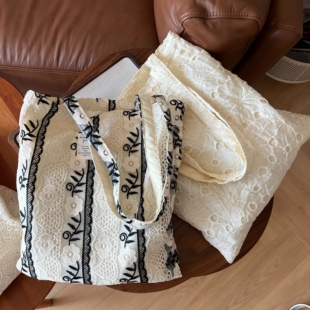 森女小清新刺绣花单肩包 法式文艺棉蕾丝学生托特妈咪逛街杂物包