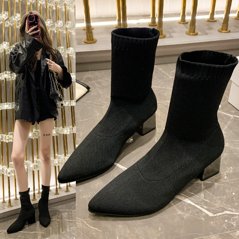 尖头高跟袜子靴网红瘦瘦靴短靴女粗跟弹力靴秋冬针织中筒中跟袜靴,女鞋,弹力靴/袜靴,淘宝优惠券,粉丝福利购,淘宝优惠卷