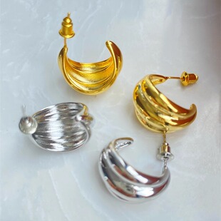 极简风设计感C形耳钉包裹感月牙形金属耳环简约时尚耳饰女925银针