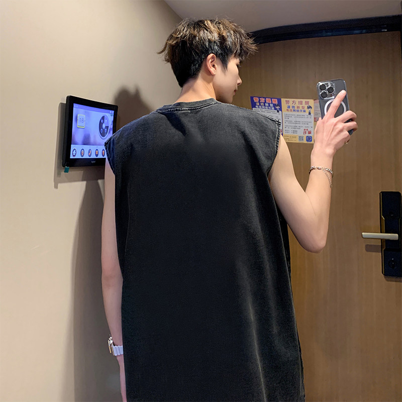 自行拼款240克重磅欧美式潮牌男女水洗背心无袖t恤BX119-P35,男装T恤,电商A486