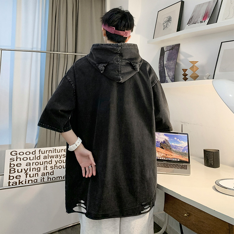 数据超好重磅抖音品质美式复古蜡染水洗连帽宽松短袖t恤T896P45,男装T恤,电商A486