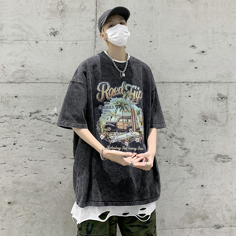 重磅纯棉直播品质美式复古卡通蜡染水洗做旧宽松短袖t恤T719P35,男装T恤,电商A486