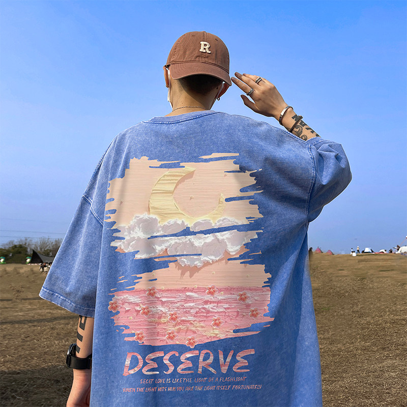 数据超好重磅抖音品质美式复古蜡染水洗做旧宽松短袖t恤T969P38,男装T恤,电商A486