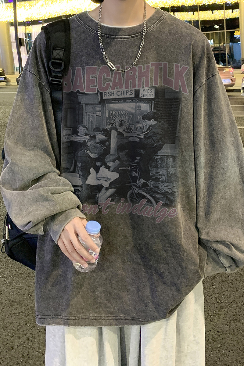 抖音品质数据超好美式水洗做旧潮牌宽松长袖t恤CT211-P45控58,男装T恤,电商A486