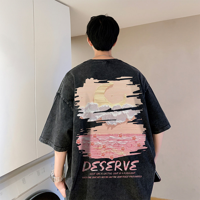 数据超好重磅抖音品质美式复古蜡染水洗做旧宽松短袖t恤T969P38,男装T恤,电商A486