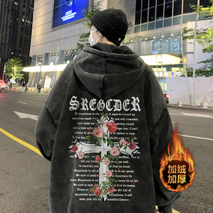 500g重磅 高街做旧水洗复古潮牌连帽卫衣外套 W693常规P65加绒P75图片