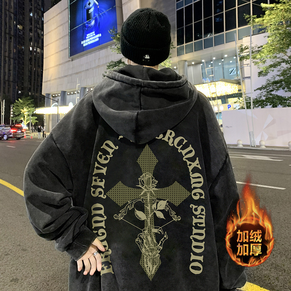 500g重磅高街做旧水洗复古潮牌连帽卫衣外套W702常规P65加绒P75,男装卫衣,电商A486
