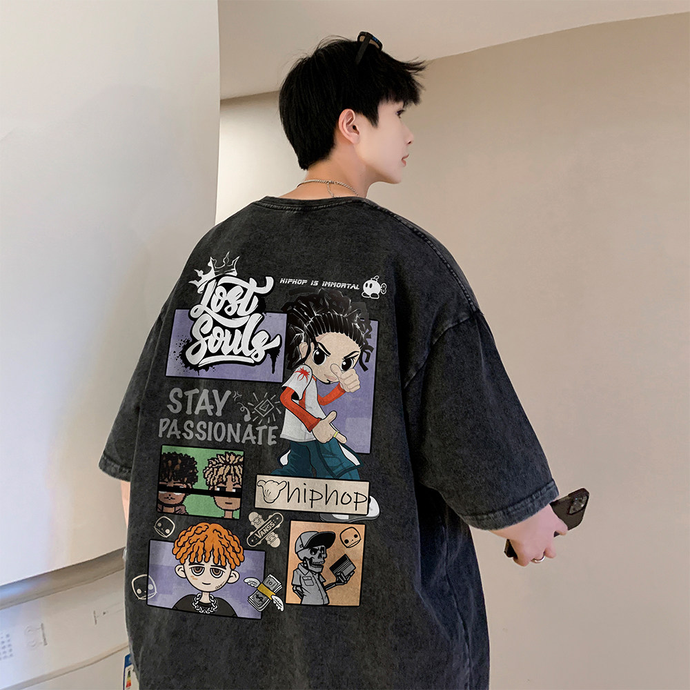 重磅纯棉直播品质潮牌美式卡通蜡染水洗做旧宽松短袖t恤T689P35,男装T恤,电商A486