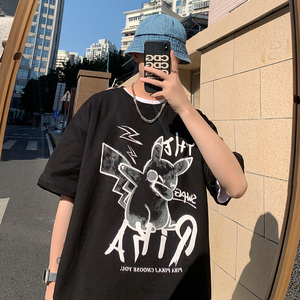 Y901-P25潮牌嘻哈印花宽松短袖t恤男2023夏装韩版ins半袖上衣体恤图片