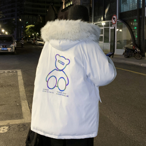 冬装新款韩版印花小熊棉衣外套加厚带毛领连帽棉服 Y862-P128图片