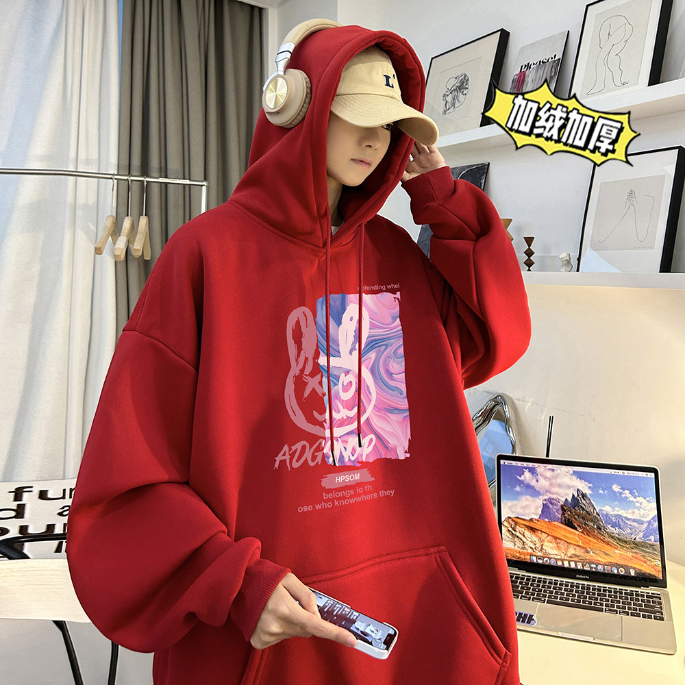兔年系列冬装加绒加厚潮牌卡通宽松连帽印花卫衣外套W707-P50,男装卫衣,电商A486