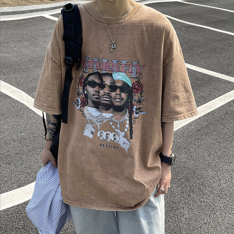 重磅纯棉抖音品欧美式潮牌复古蜡染水洗做旧宽松短袖t恤T702P35,男装T恤,电商A486