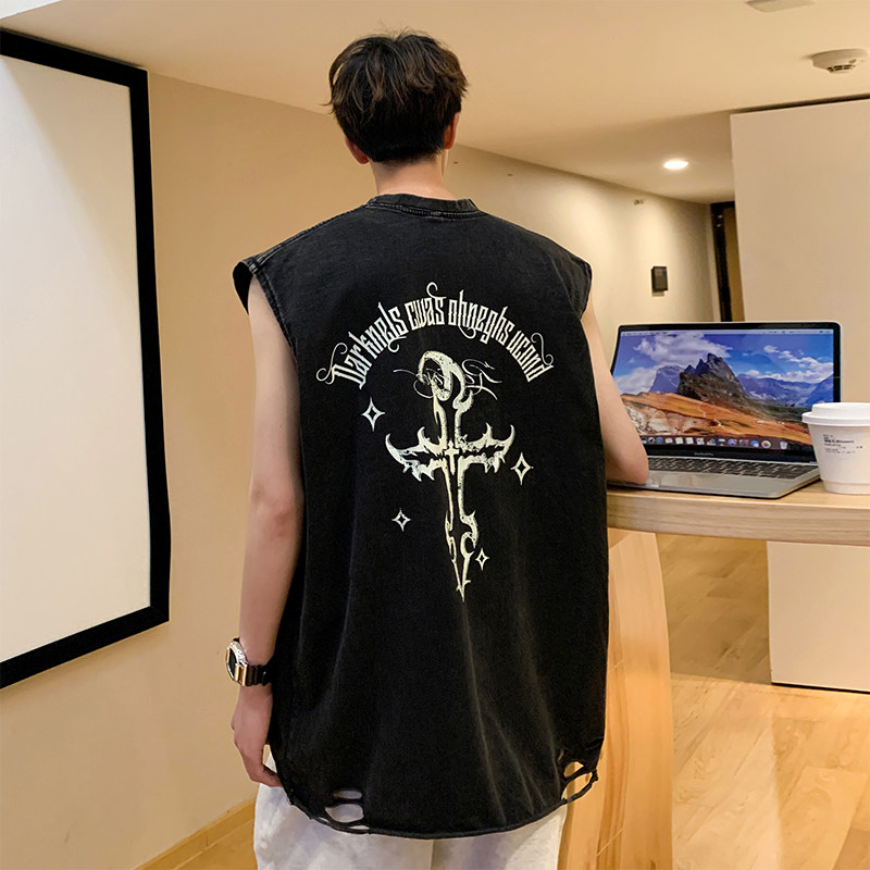 抖音品质240克重磅下摆破洞带项链欧美式印花水洗背心BX109-P35,男装T恤,电商A486