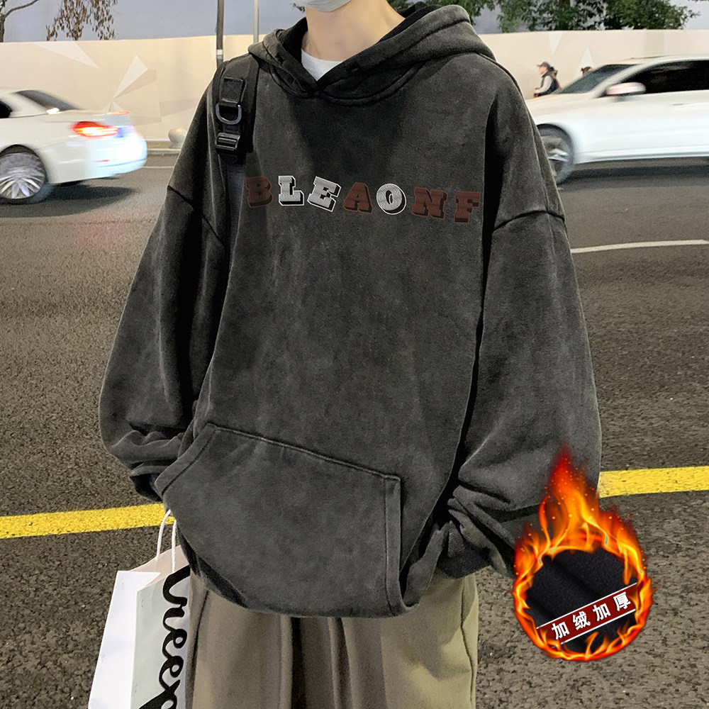 欧美式高街做旧水洗复古印花潮流连帽卫衣外套W557常规P65加绒P75,男装卫衣,电商A486
