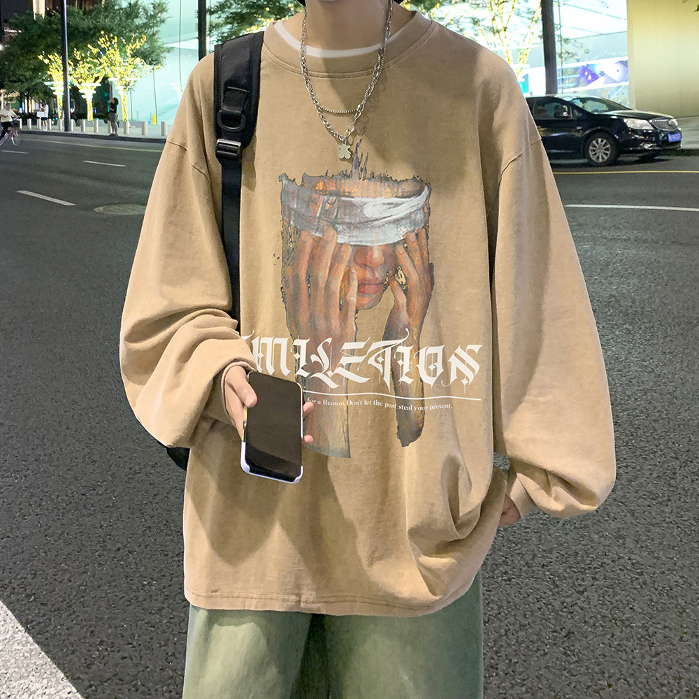 抖音品质数据超好美式水洗做旧潮牌宽松长袖t恤CT205-P45控58,男装T恤,电商A486