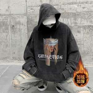 重磅 美式高街做旧水洗潮牌印花连帽卫衣外套W586 常规P65加绒P75图片
